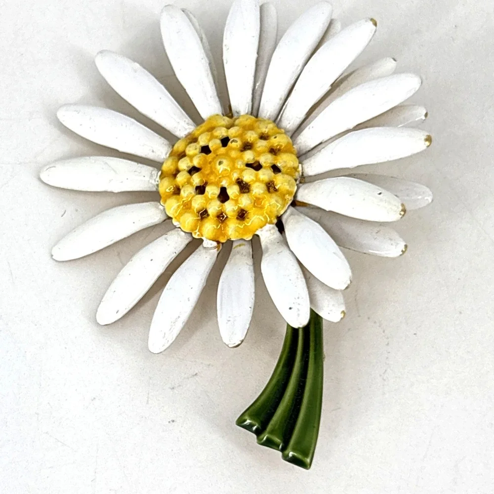 Lot of 2 Vtg Enamel Stem‎ Flowers Brooch Pins Daisy Original By Robert